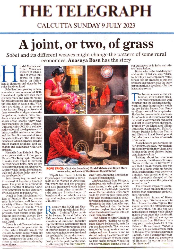 Sabai and its different weaves might change the pattern of some rural economics by Anasuya Basu, The Telegraph, Calcutta Sunday, 9th July 2023